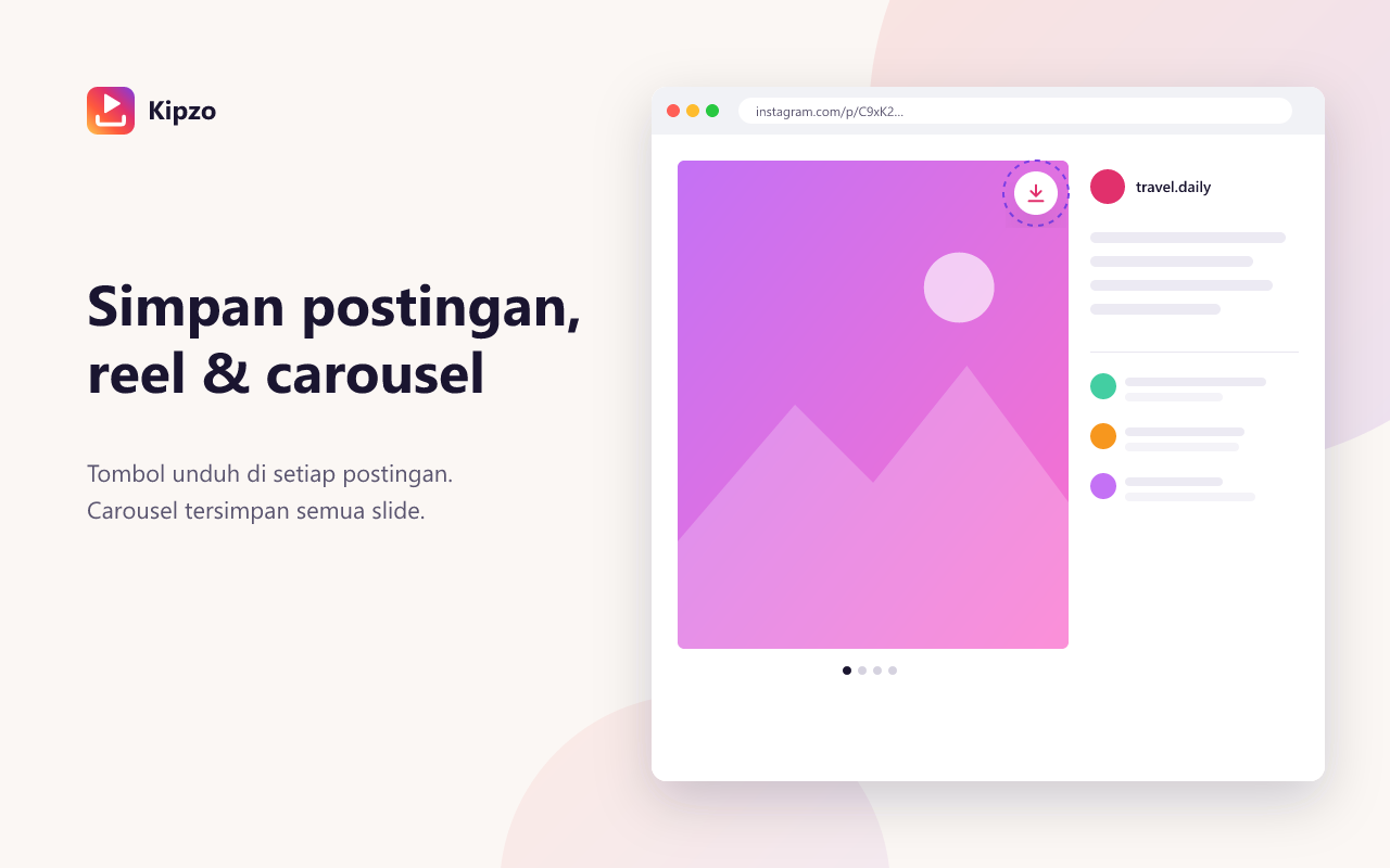 Tombol unduh Kipzo di sebuah reel Instagram