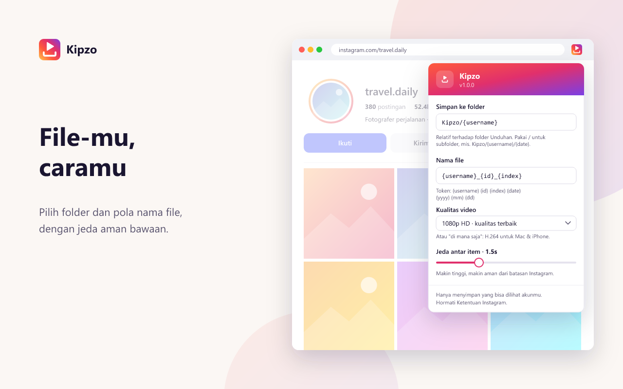 Pengaturan folder, nama file, dan kualitas video di Kipzo