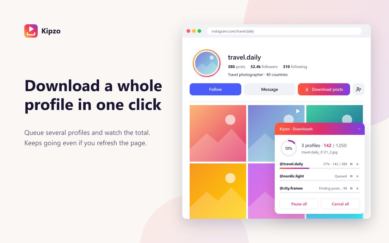 Kipzo กำลังดาวน์โหลดหลายโปรไฟล์ Instagram พร้อมกัน